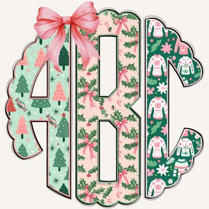 May include: A Christmas-themed monogram design featuring the letters ABC. The letters are filled with festive patterns, including Christmas trees, holly, and sweaters. A large pink bow adorns the top, adding a decorative touch.