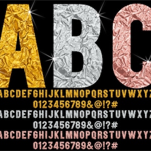 Bundel PNG-bladletters, glinsterende illustraties, letters alfabetnummers, instant downloadbestanden, roségoud, goud, zilver, glitterbundel 123C