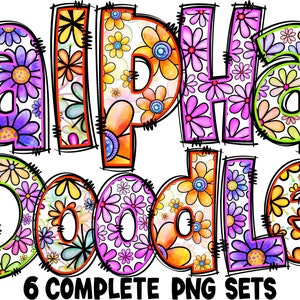 BUNDLE Frühlingsblumen Alphabet PNG, Doodle Alpha, Gekritzelblumen, Gekritzelbuchstaben PNG, Frühlingsbuchstaben, Frühling, Sublimation, Alpha Pack 4AP