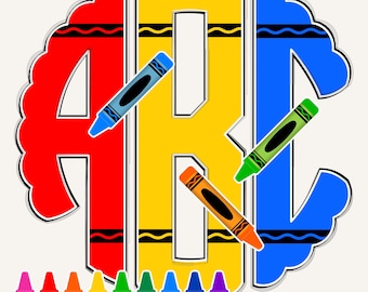 May include: A colorful graphic featuring the letters "ABC" in red, yellow, and blue, with crayon accents. The letters are outlined in white with a scalloped edge. A row of crayons in various colors is at the bottom.