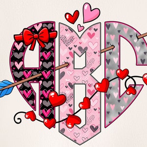 Letras PNG de monograma de dia dos namorados, letras de dia dos namorados, rabisco alfabético, letras PNG, rabisco de dia dos namorados, amor, clipart, monograma em formato de coração 10MH