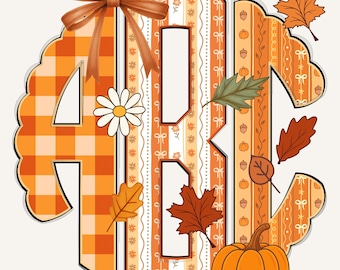 Preppy Retro Höstmonogram med vågigt mönster, Grandmillennial-monogram, Coquette-monogram, PNG-höst, Boho-monogram, Höstmonogram, Rutig 57CS