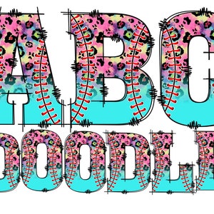 Puede incluir: Un diseño gráfico con las letras A, B, C y la palabra "DOODLE" en una fuente de béisbol colorida, rosa, azul y negra.