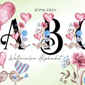 Letras PNG de San Valentín, imágenes prediseñadas del alfabeto, PNG, letras de acuarela, San Valentín, amor, alfabeto de San Valentín, pájaros del amor, flores, 47B
