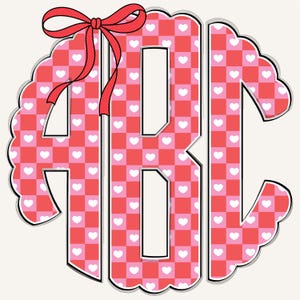 May include: A decorative monogram featuring the letters ABC in a heart-themed design. The letters are filled with a red and pink checkered pattern, adorned with white hearts. A red bow with white polka dots sits at the top, adding a festive touch.