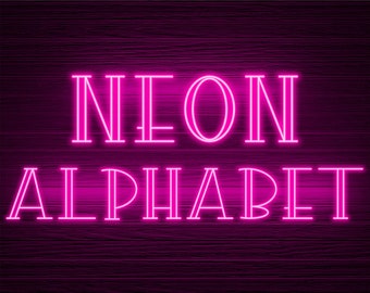 May include: Neon pink sign with the words "NEON ALPHABET" on a dark wood background.