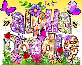 BUNDLE Spring Floral Alphabet PNG, Doodle Alpha, Doodle Flowers, Doodle Letters PNG, Spring Letters, Clipart, Sublimation, Alpha Pack 4AP