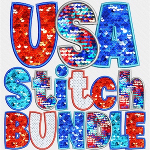 Faux Embroidery Sequin Letters BUNDLE, Patriotic Faux Sequin, Faux Sequin Letters, Independence Day, Stitched Alpha PNG, Faux Stitch 36ED