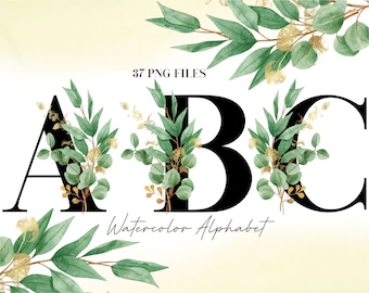 Watercolor Flowers Alphabet PNG, Green Gold Leaves Floral Alphabet, Transparent PNG, Botanical Uppercase Alphabet Eucalyptus Leaves 27W