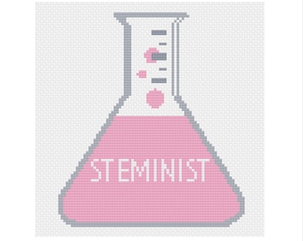 May include: A pink beaker with a gray outline and a gray scale on the side. The beaker has the word "STEMINIST" written in white inside.