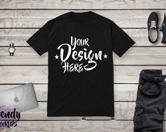 Download Black Men T Shirt Flat Lay W Shorts T Shirt Mockup Unisex Tshirt Mockup Wood Background Tshirt Design Basic Masculine Flat Lay 3d Logo Mockup Psd Free Mockups