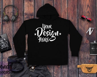 Download Unisex Sweatshirt Mockup Hoodie Mockup Hoodie Flat Lay Black Sweatshirt Wood Background Men Flat Lay Sweatshirt