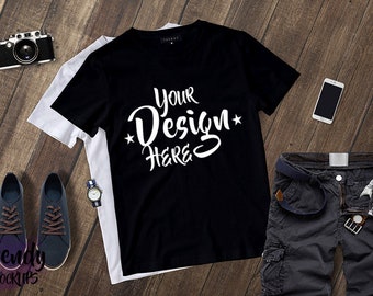Download Free Tshirt Mockup Black Tshirt Mockup Flat Lay W Shorts Masculine Flat Lay Wood Background Mockup Tshirt Download Free Design Packaging Mockups PSD Mockup Template