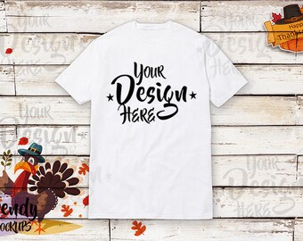 Download Free Fall TShirt Mockup, White Unisex TShirt Mockup, Wood background, TShirt Mockup, Thanksgiving Mockup, Fall Mockup, Thanksgiving turkey PSD Template