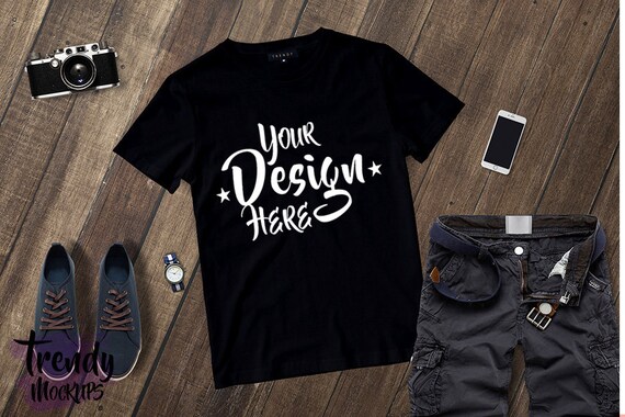 Download Tshirt mockup Black Men T-shirt Flat Lay W/Shorts Basic | Etsy