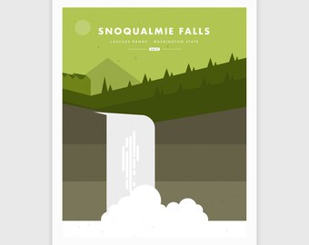 Snoqualmie Falls, national park print, travel poster, vintage poster, landscape wall art, Pacific Northwest, Washington State, home decor