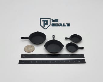 1:6 Scale Cast Iron Skillet Set 4 Pack 3D Printed Miniature Prop Action Figure Doll Accessory