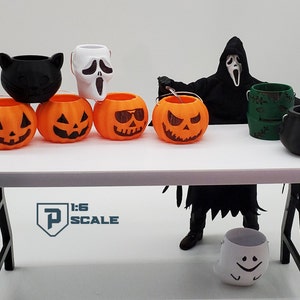 Balde de doces ou travessuras de Halloween em escala 1:6, miniatura impressa em 3D para acessório de boneca de figura de ação