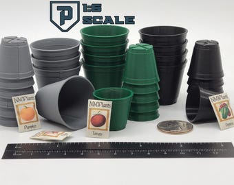 1:6 Scale 10 pack Plant Pots w/ Seed Packets, 6 inch and 8 inch - 3D Printed Miniature Prop Action Figure Doll Gardening Accessory