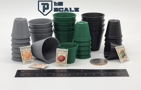 1:6 Scale 10 pack Plant Pots w/ Seed Packets, 6 inch and 8 inch - 3D Printed Miniature Prop Action Figure Doll Gardening Accessory