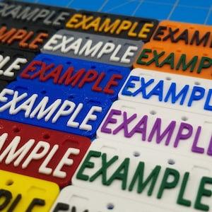 Puede incluir: Primer plano de diez etiquetas rectangulares de pl&aacute;stico con la palabra "EXAMPLE" impresa en ellas en diferentes colores, incluyendo negro, naranja, gris, rojo, azul, morado, blanco, amarillo y verde.