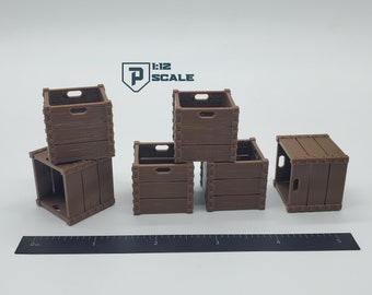May include: Six brown wooden crates stacked and arranged in a row. The crates are approximately 2 inches tall and 2 inches wide. The crates have a simple design with a handle on the top and a few visible wood planks.
