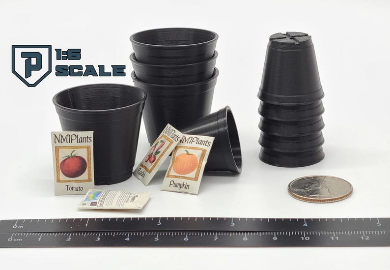 May include: Black plastic miniature plant pots, seed packets, and a ruler. The seed packets are labeled with images of tomatoes, radishes, and pumpkins. A quarter is included for scale. The text "1:6 SCALE" is visible.