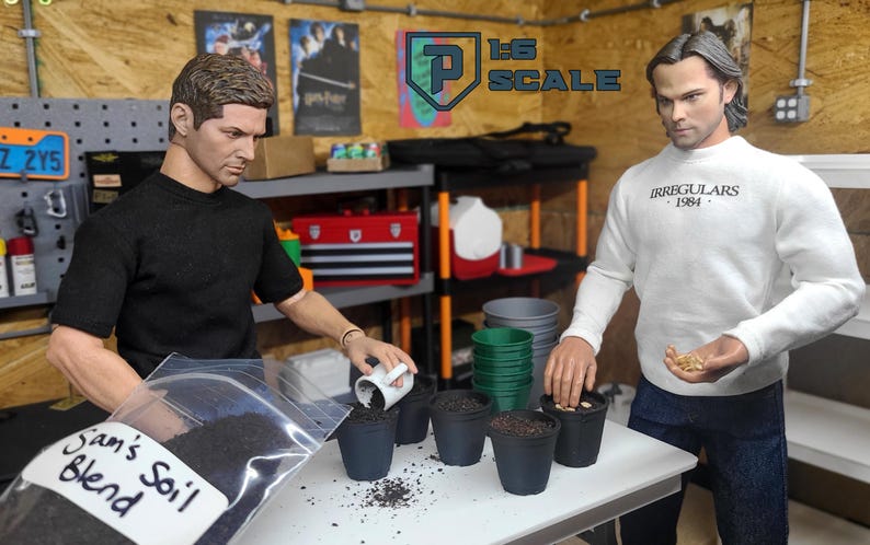 May include: Two action figures are shown planting seeds in small black pots. One figure is wearing a black shirt and the other is wearing a white sweatshirt with the text "IRREGULARS 1984". The scene is set in a garage.