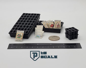 1:6 Scale 2 Pack Seed Starting Trays with Inserts & 8 Seed Packets 3D Printed Miniature Prop Action Figure Doll Gardening Accessory