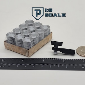 1:6 Scale 12 pack Food Cans w/ Cardboard Carton and Can Opener 3D Printed Miniature Prop Action Figure Doll Accessory Kitchen Pantry