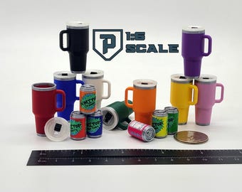 1:6 Scale Travel Mug w/ Soda Pop Can Insulated Hydro Tumbler Style 3D Printed Miniature Prop Action Figure Doll Accessory