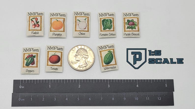 May include: Miniature seed packets labeled with various vegetables, including radish, pumpkin, and tomato. A quarter and a ruler with inches are also present. The scale is 1:6.