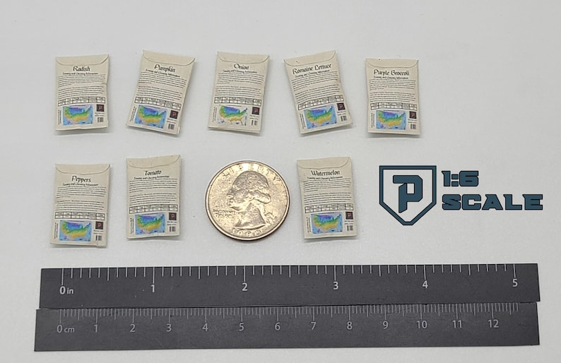 May include: Miniature seed packets for various vegetables, including radish, pumpkin, onion, peppers, tomato, romaine lettuce, purple broccoli, and watermelon. A quarter coin and a ruler are included for scale. The text "1:6 SCALE" is also visible.