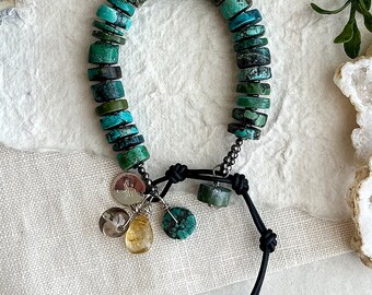 Pulseira Boho Turquesa Robusta: Citrino, Quartzo Fumê, Prata de Lei