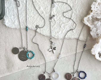 Zodiac Charm Necklace: Stainless Steel, Gemstone, Initial Pendant