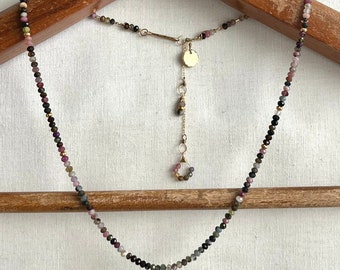 Gemstone Necklace-Tourmaline Necklace-Lotus Pendant-Gold Charm-Minimalist Necklace-Layering Necklace-Beaded Necklace-Adjustable Necklace