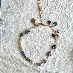 Delicate Gold Filled Bracelet: Iolite, Pearl, and Crystal Charms
