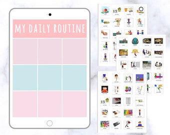 Op de afbeelding: Een pastelroze en blauwe digitale tablet met een wit scherm waarop de tekst "MY DAILY ROUTINE" staat. De tablet is omgeven door een witte achtergrond. De afbeelding bevat ook een verzameling van meer dan 200 kleurrijke illustraties van alledaagse voorwerpen en activiteiten die kunnen worden gebruikt in een visueel schema.