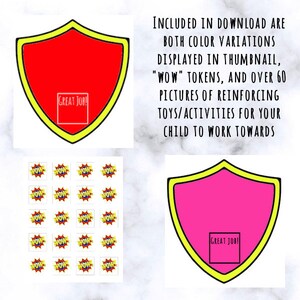 Może przedstawiać: Drukowany system żetonów dla dzieci z czerwoną i żółtą tarczą z napisem „Świetnie!” oraz arkuszem 20 żółtych i czerwonych żetonów „WOW!”. Tekst „Moje zachowanie jest super! System żetonów” znajduje się w górnej części obrazu. Tekst „W POBRANIU ZAWARTE SĄ OBIE WERSJE KOLOROWE WYŚWIETLONE W MINIATURCE, ŻETONY „WOW” ORAZ PONAD 60 ZDJĘĆ WZMACNIAJĄCYCH ZABAWEK/AKTYWNOŚCI, DO KTÓRYCH TWOJE DZIECKO MOŻE DĄŻYĆ” znajduje się po prawej stronie obrazu.