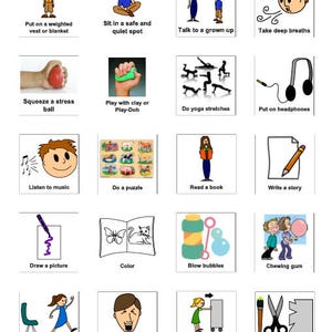 May include: A colorful chart with 16 different images and text descriptions of calming activities for children. The activities include putting on a weighted vest, sitting in a quiet spot, talking to a grown-up, taking deep breaths, squeezing a stress ball, playing with clay, doing yoga stretches, putting on headphones, listening to music, doing a puzzle, reading a book, writing a story, drawing a picture, coloring, blowing bubbles, chewing gum, going for a walk, making a silly face in the mirror, pushing something heavy, and making a craft.