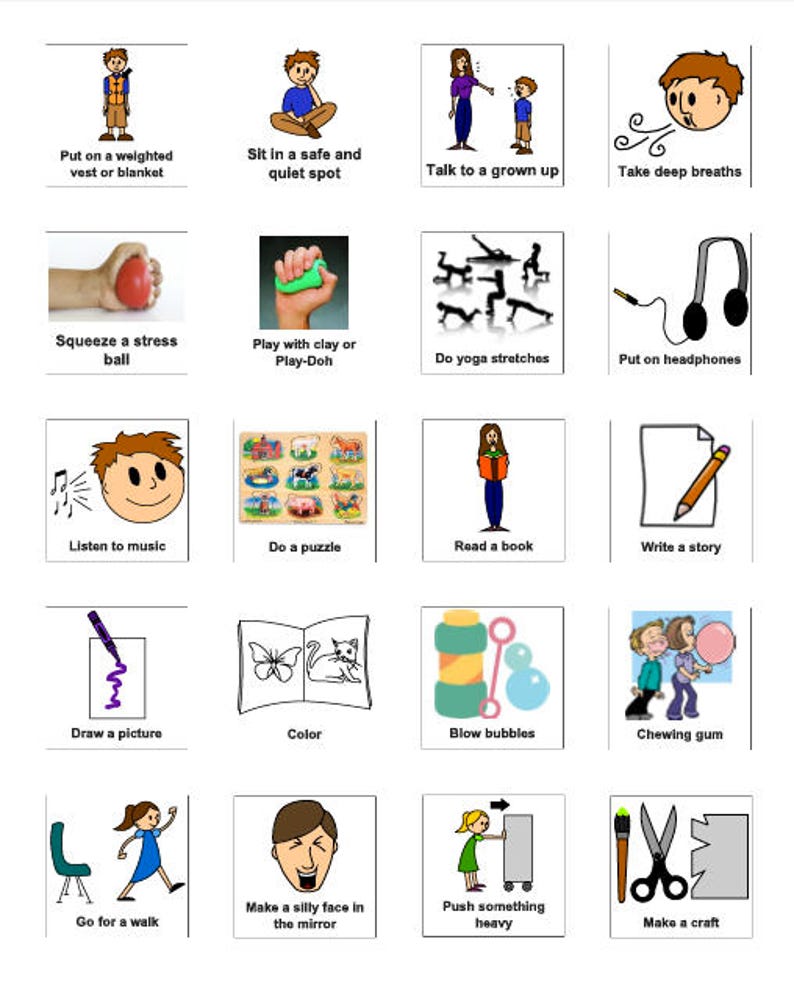 May include: A colorful chart with 16 different images and text descriptions of calming activities for children. The activities include putting on a weighted vest, sitting in a quiet spot, talking to a grown-up, taking deep breaths, squeezing a stress ball, playing with clay, doing yoga stretches, putting on headphones, listening to music, doing a puzzle, reading a book, writing a story, drawing a picture, coloring, blowing bubbles, chewing gum, going for a walk, making a silly face in the mirror, pushing something heavy, and making a craft.