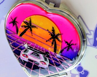 Specchietto compatto a forma di cuore, estetica Vaporwave, tramonto e Lamborghini Huracan