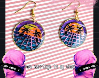 kolczyki estetyczne vaporwave siatka i zachód słońca