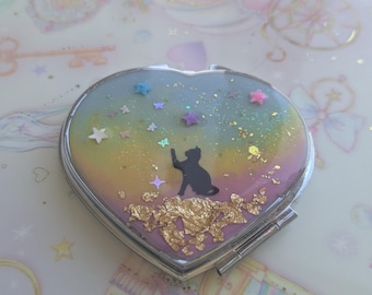 Specchio compatto a forma di cuore: silhouette di gattino pastello, Gyaru Makeup