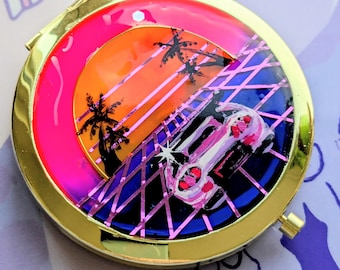 Specchietto compatto Estetica Vaporwave tramonto e Lamborghini Huracan