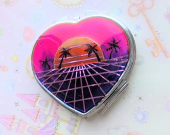 Specchio compatto a forma di cuore, tramonto estetica Vaporwave e palme