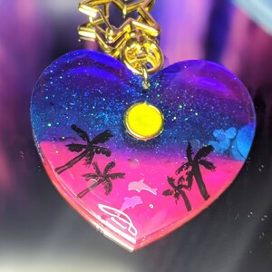 Vaporwave sunset beach heart keychain