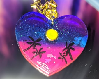 Llavero del corazón de la playa de la puesta de sol de Vaporwave