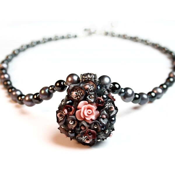 style classique doux gris velours rose-collier court doux romantique fleur féminine délicate