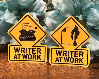 Caution Sign Writer at Work Typewriter and Quill Vinyl Wheatherproof Quote Sticker | Gifts for Writers and Authors